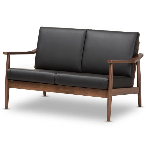 baxton studio Baxton Studio Venza Mid-Century Modern Walnut Wood Black Faux Leather 2-Seater Loveseat