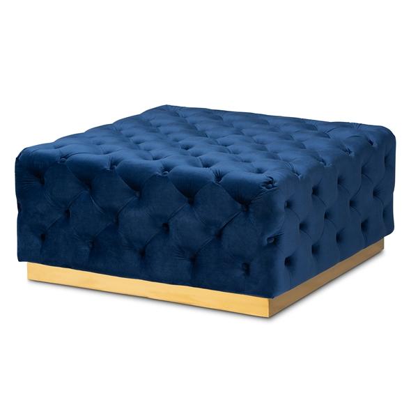 baxton studio Baxton Studio Verene Glam and Luxe Royal Blue Velvet Fabric Upholstered Gold Finished Square Cocktail Ottoman