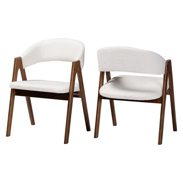 baxton studio Baxton Studio Virden Boucle Upholstered Dining Chair Set of 2- Mid-Century Modern Armchair with Solid Wood Frame and Curved Open-Back Design Walnut Brown and White
