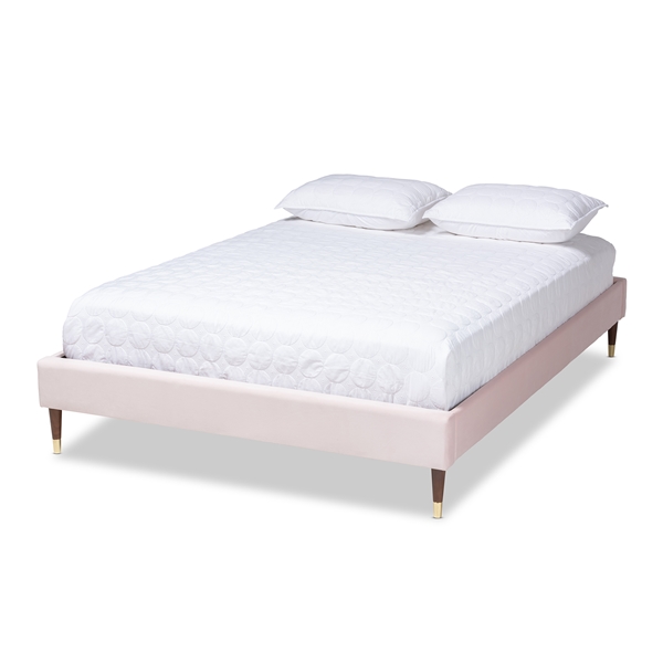 baxton studio Baxton Studio Volden Glam and Luxe Light Pink Velvet Fabric Upholstered Full Size Wood Platform Bed Frame with Gold-Tone Leg Tips