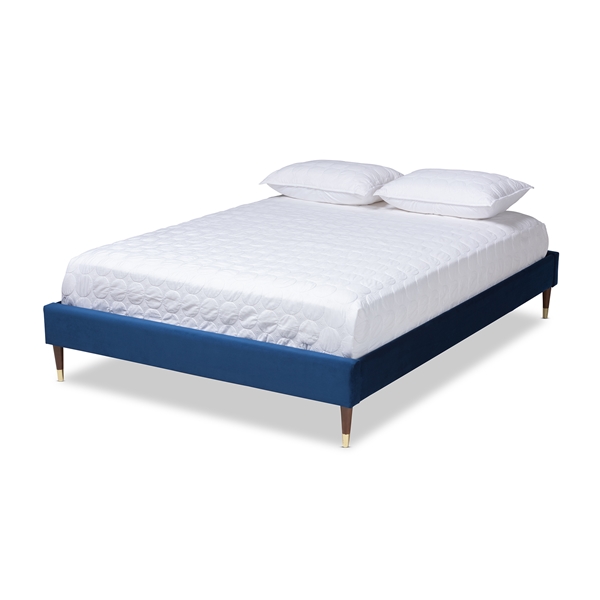 baxton studio Baxton Studio Volden Glam and Luxe Navy Blue Velvet Fabric Upholstered Full Size Wood Platform Bed Frame with Gold-Tone Leg Tips