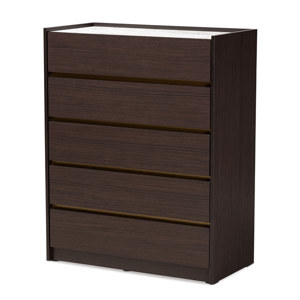 baxton studio Baxton Studio Walker Modern and Contemporary Dark Brown and Gold Finished Wood 5-Drawer Chest with Faux Marble Top