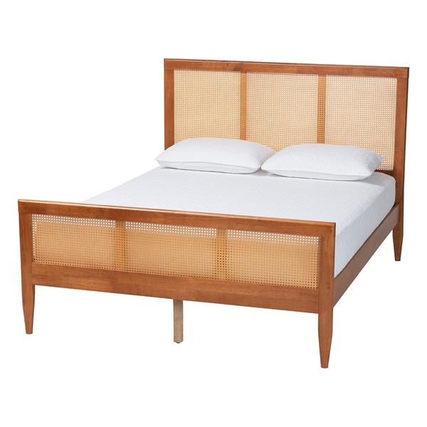 baxton studio Baxton Studio Walthard Mid-Century Light Walnut Queen Platform Bed with Woven Rattan
