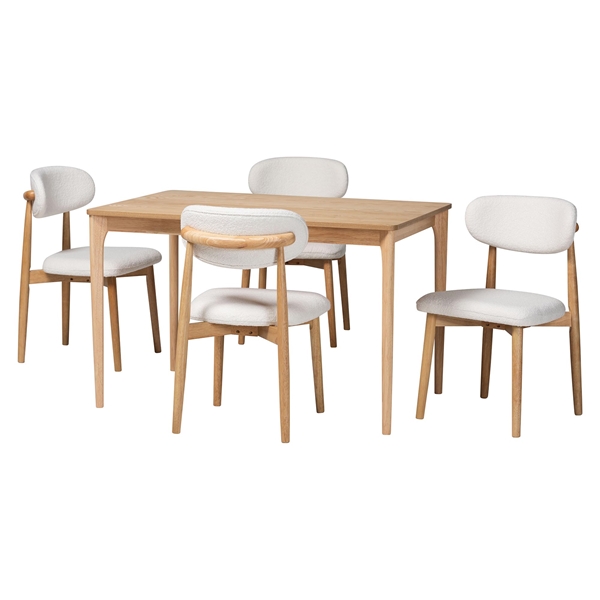 baxton studio Baxton Studio Wattsu 5-Piece Dining Set - Solid Wood Rectangular Table with Boucle Upholstered Chairs Mid-Century Modern Dining Furniture for Kitchen or Dining Room Natural and White