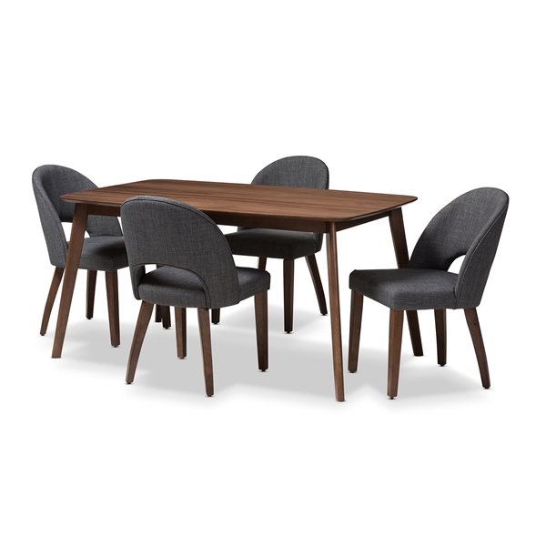 baxton studio Baxton Studio Wesley Mid-Century Modern Dark Grey Fabric Upholstered Walnut Finished Wood 5-Piece Dining Set
