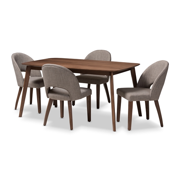 baxton studio Baxton Studio Wesley Mid-Century Modern Light Grey Fabric Upholstered Walnut Finished Wood 5-Piece Dining Set