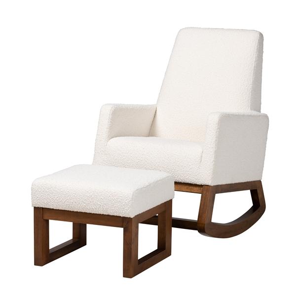 baxton studio Baxton Studio Yashiya Mid-Century Modern Off-White Boucle Upholstered and Walnut Brown Finished Wood 2-Piece Rocking Chair and Ottoman Set baxton studio Baxton Studio Yashiya Mid-Century Modern Off-White Boucle Upholstered and Walnut Brown Finished Wood 2-Piece Rocking Chair and Ottoman Set