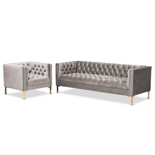 baxton studio Baxton Studio Zanetta Glam and Luxe Gray Velvet Upholstered Gold Finished 2-Piece Sofa and Lounge Chair Set