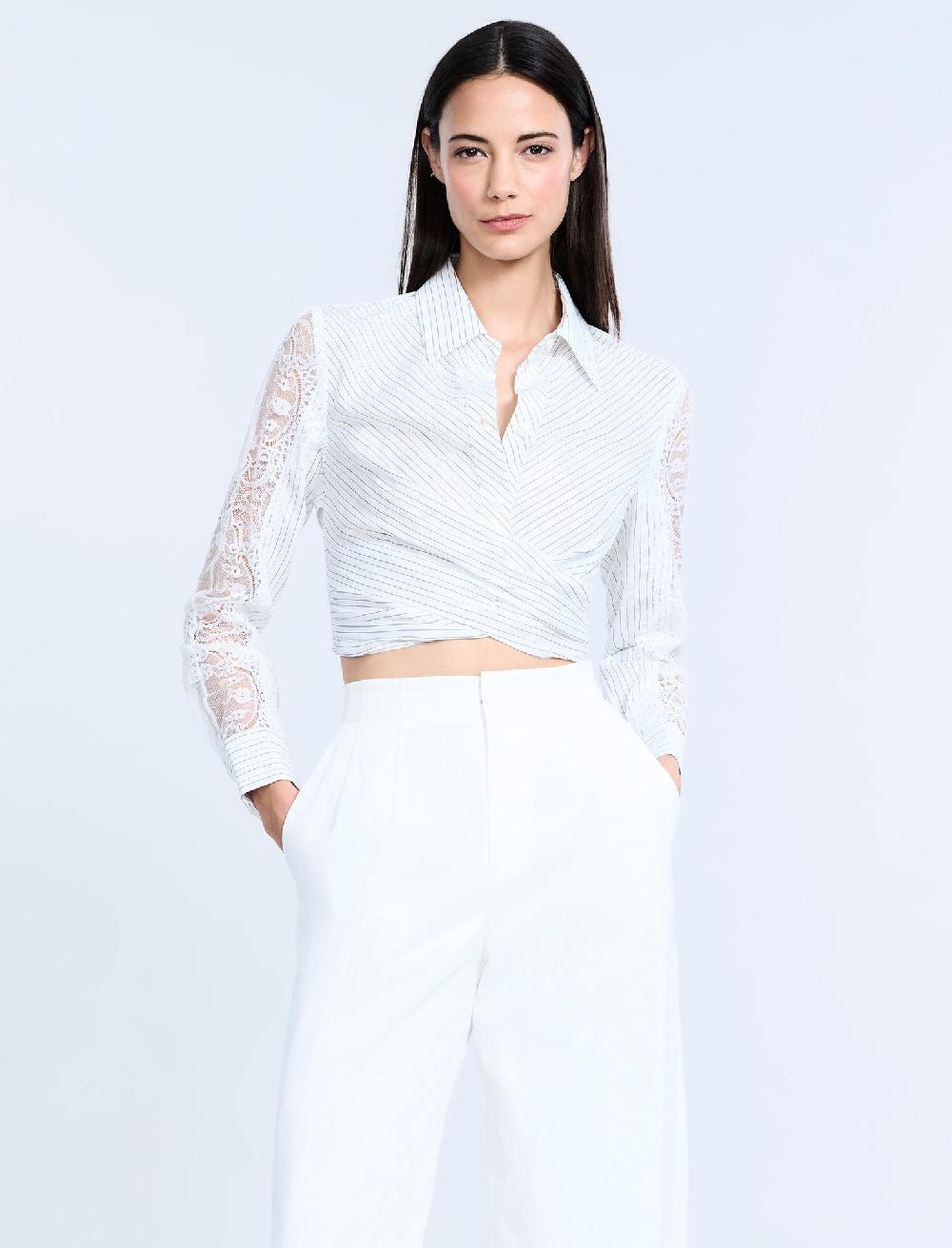 bcbgeneration Lace Stripe Tie Back Top Chalk