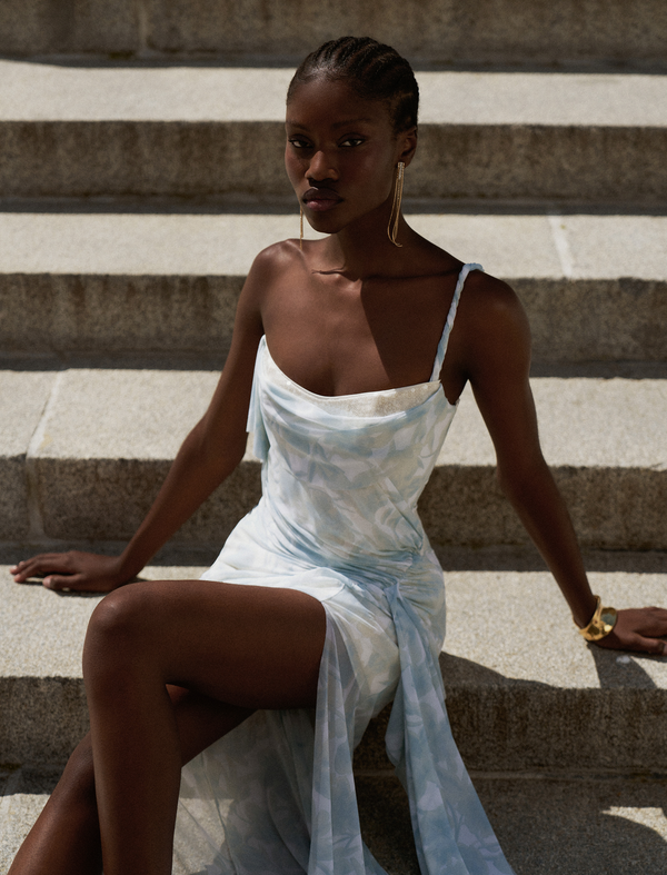 Bcbgeneration Mesh & Sequin Gown Sky Floral Print