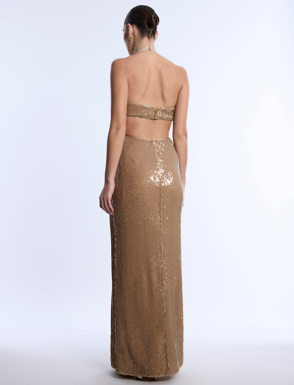 Bcbgeneration Sequin Cutout Halter Gown Almond