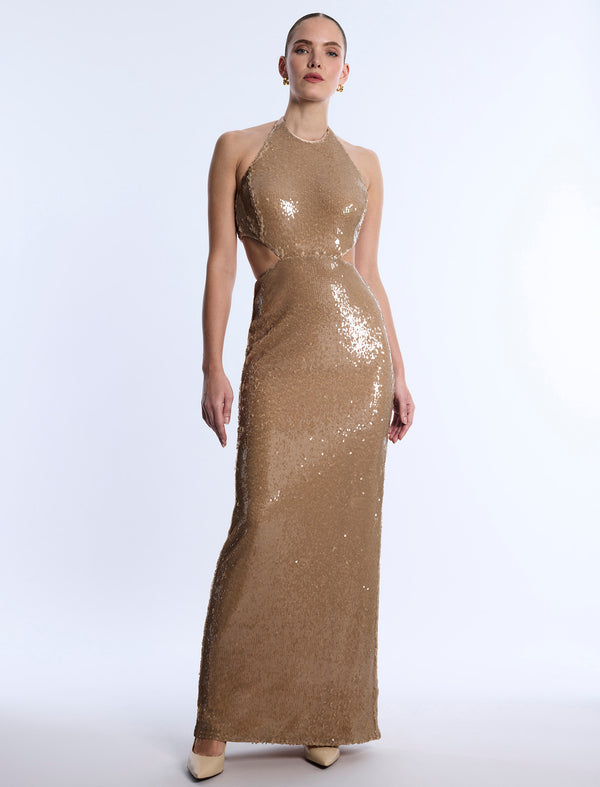Bcbgeneration Sequin Cutout Halter Gown Almond