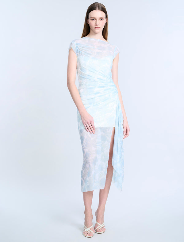 Bcbgeneration Mesh & Sequin Midi Dress Sky Floral Print