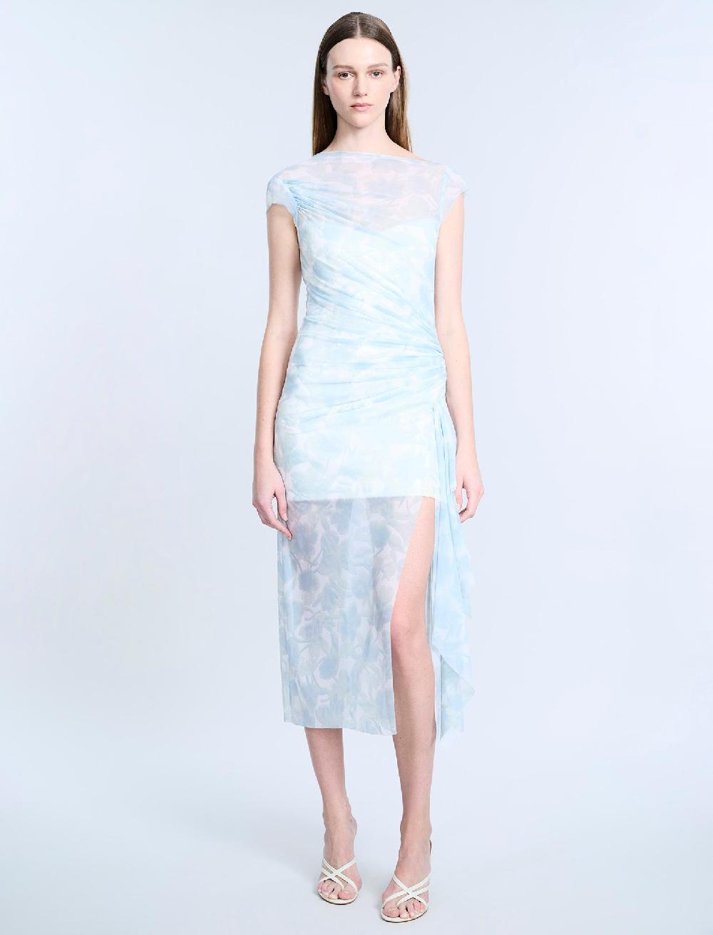 bcbgeneration Mesh & Sequin Midi Dress Sky Floral Print