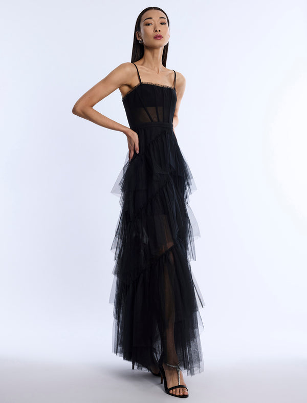 Bcbgeneration Oly Tiered Ruffle Tulle Evening Gown Black