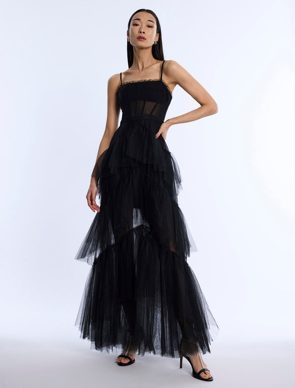 Bcbgeneration Oly Tiered Ruffle Tulle Evening Gown Black