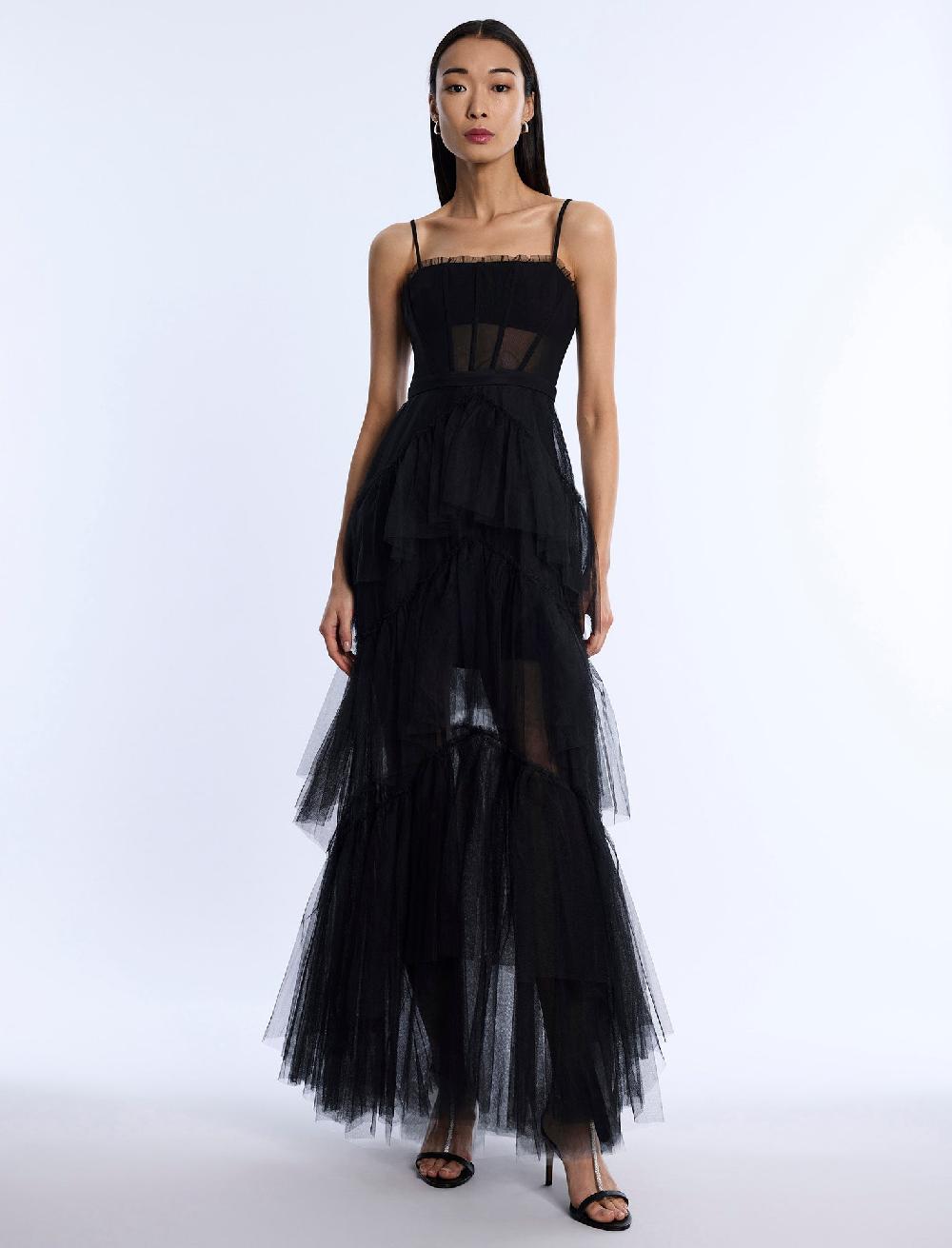 bcbgeneration Oly Tiered Ruffle Tulle Evening Gown Black