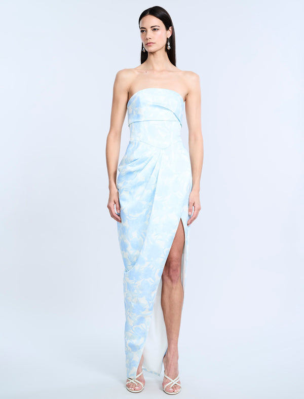 Bcbgeneration Pleat Bodice Wrap Skirt Gown Sky Floral Print