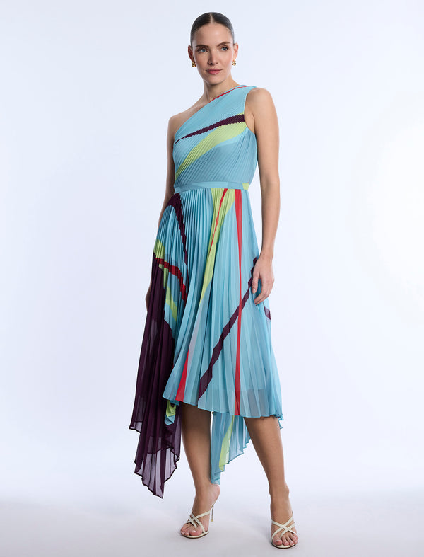 Bcbgeneration Printed Pleated Dress Seafoam Floating Ribbons
