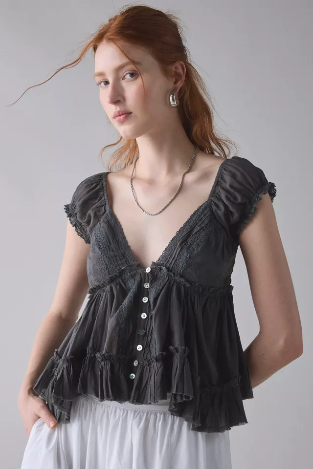 Bdg Urban Outfitters Kimchi Blue Izzy Lace Trim Button-Front Babydoll Blouse