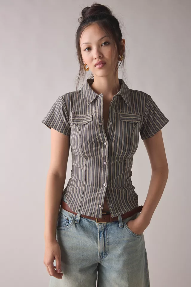 bdg urban outfitters Silence + Noise Polly Slim Short Sleeve Snap-Button Shirt