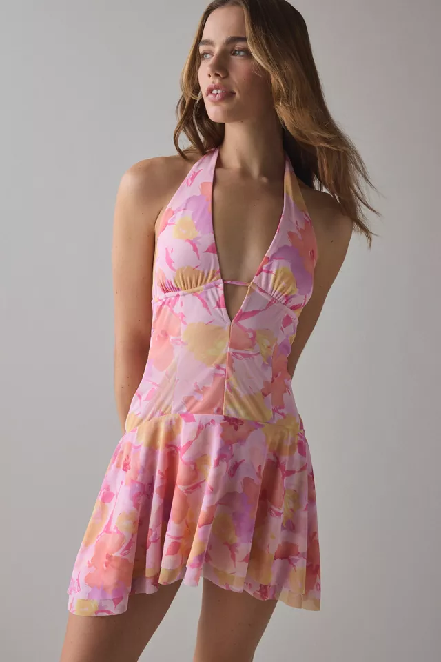 bdg urban outfitters UO Lauren Mesh Plunge V-Neck Halter Mini Dress