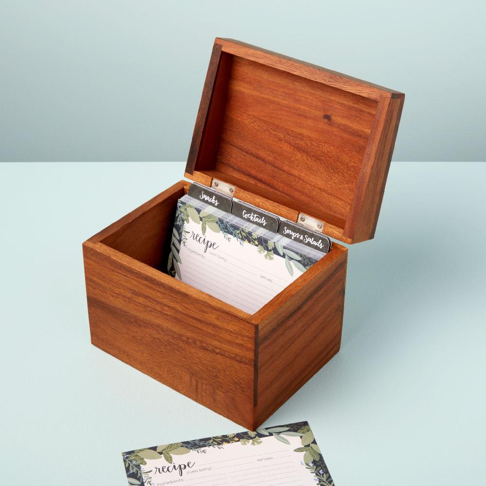 be home Acacia Wood Recipe Box & Cards Set