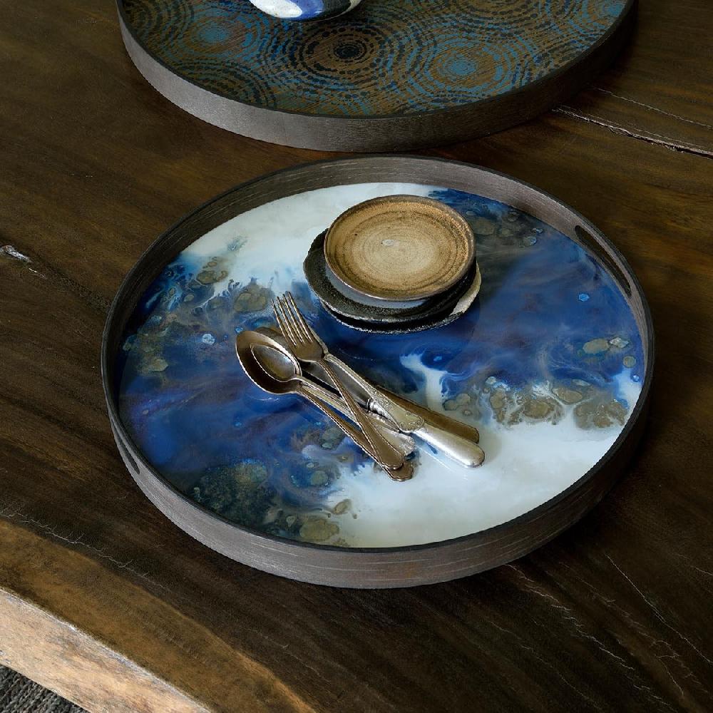 be home Round Glass Organic Tray Blue Mist