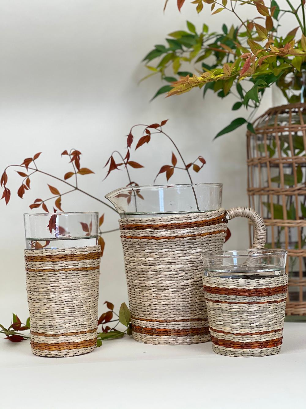 Be Home Seagrass Cage Pitcher With Brown Stripe