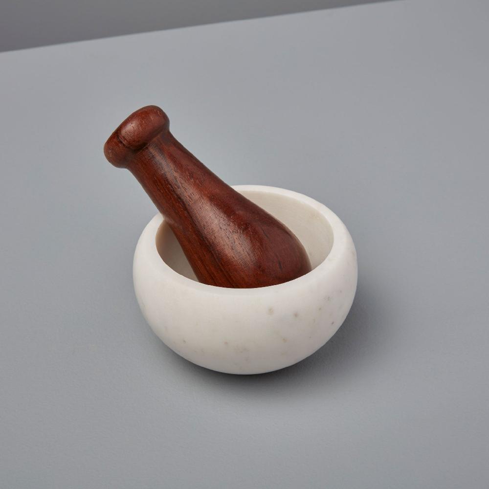be home White Marble & Wood Mortar & Pestle