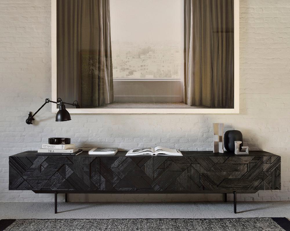 Be Home Graphic Solid Black Teak Media Console 94.5"