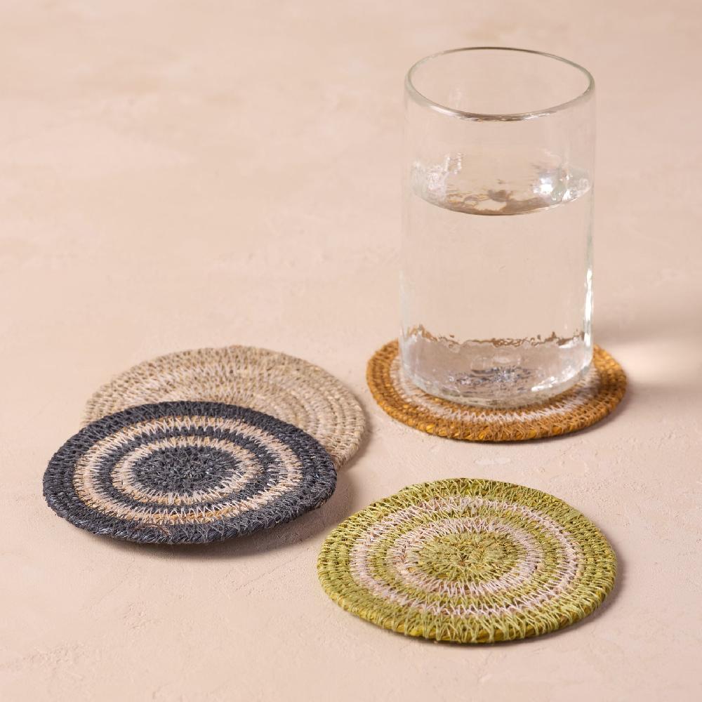 be home Hydra Woven Seagrass Coaster Set of 4 (Chartreuse Navy Marigold Grey)