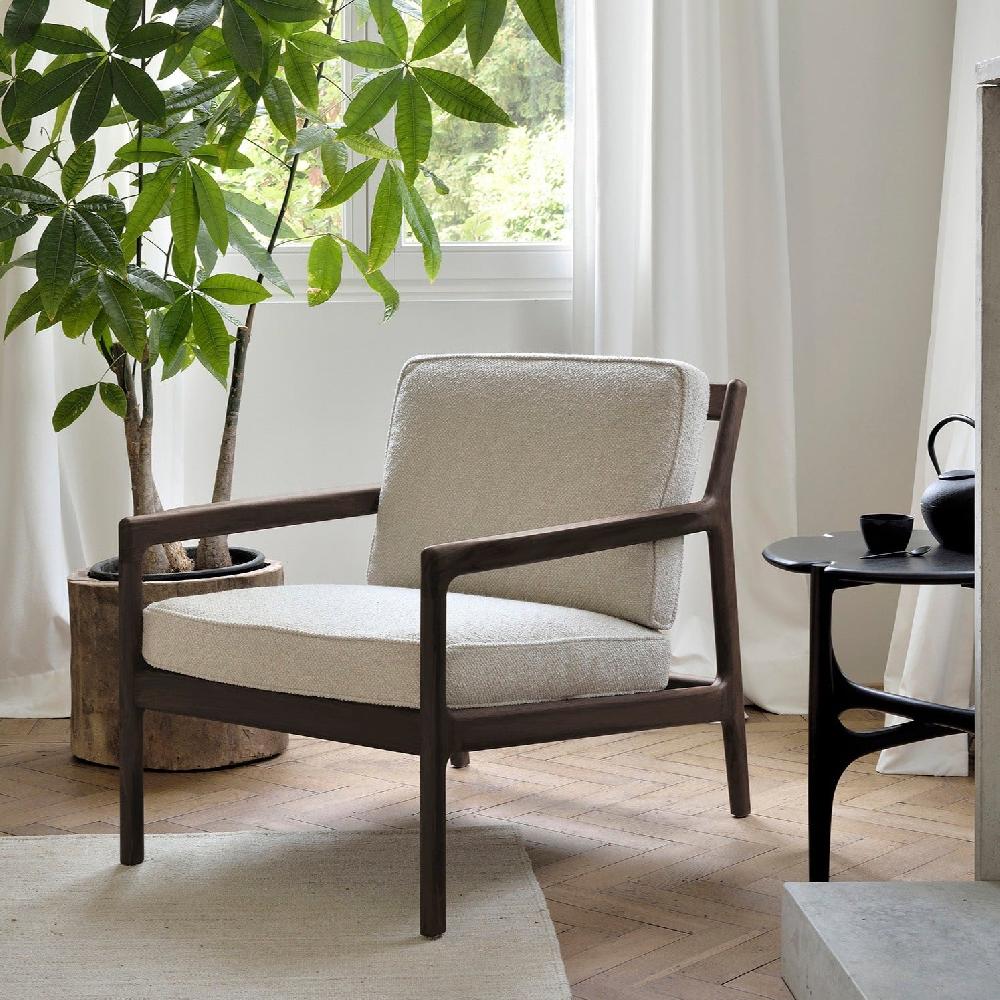 be home Jack Lounge Chair Varnished Mahogany Dark Brown Ivory Fabric