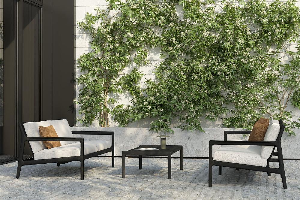 Be Home Jack Solid Black Teak Outdoor 2 Seater Sofa Off White Fabric