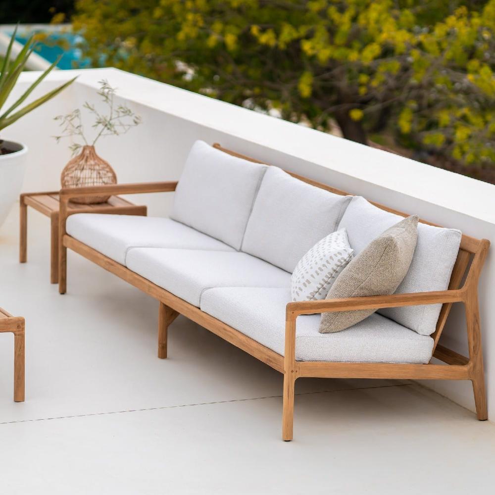be home Jack Solid Teak Outdoor 3 Seater Sofa Off White Fabric