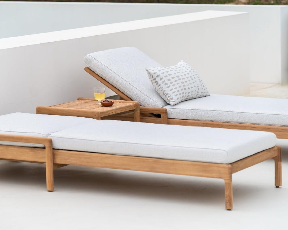 Be Home Jack Solid Teak Outdoor Adjustable Lounger Off White Fabric
