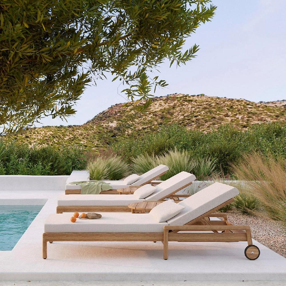 be home Jack Solid Teak Outdoor Adjustable Lounger Off White Fabric