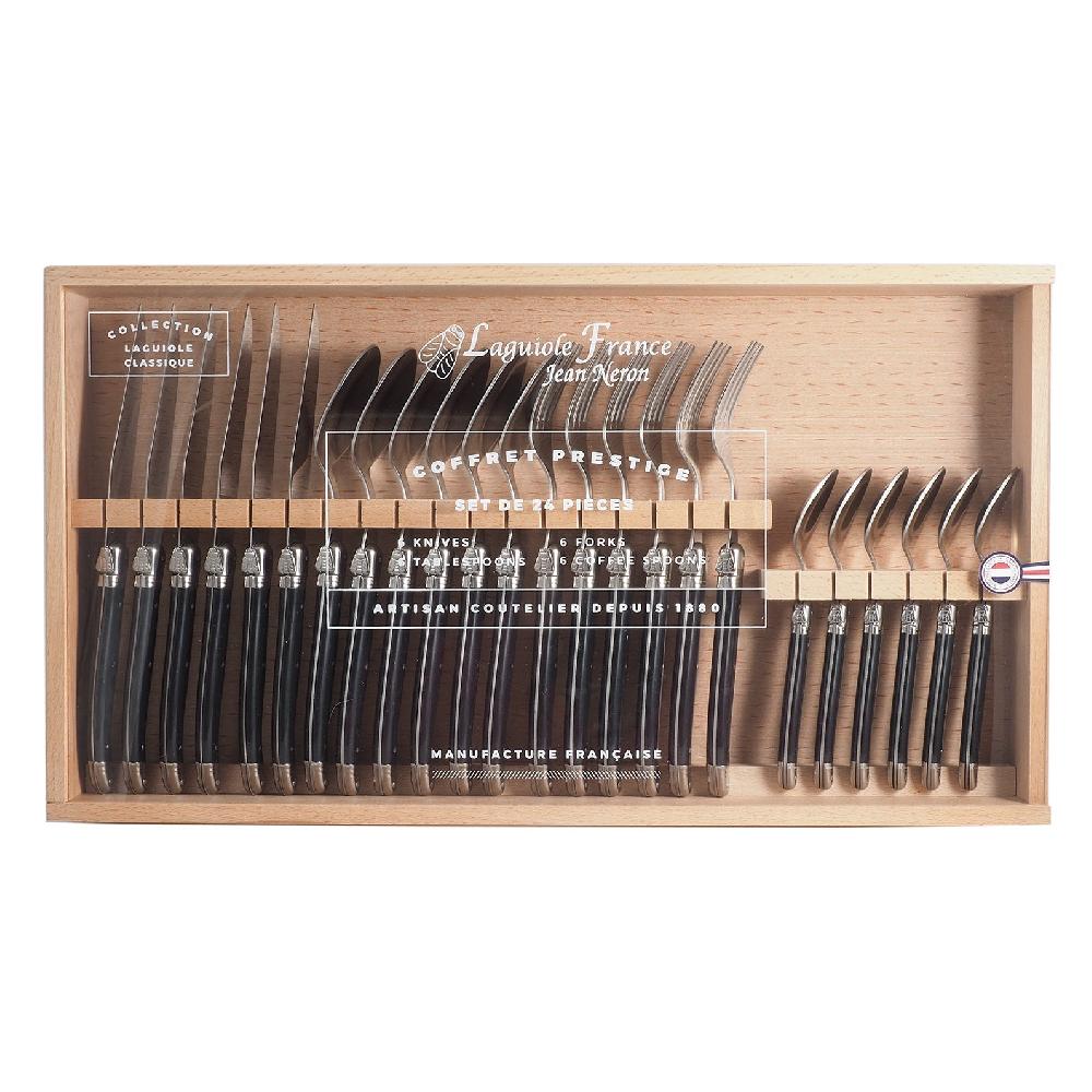 Be Home Laguiole 24 Piece Flatware Set Black In Wood Box With Acrylic Lid