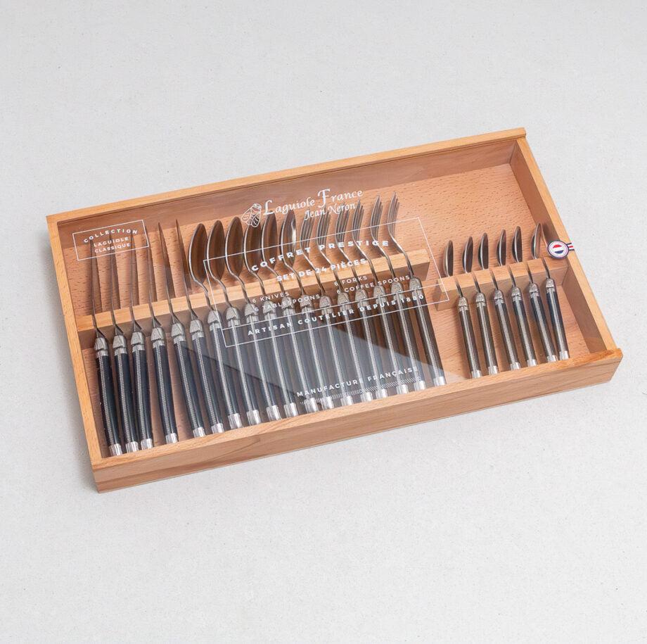 be home Laguiole 24 Piece Flatware Set Black in Wood Box with Acrylic Lid