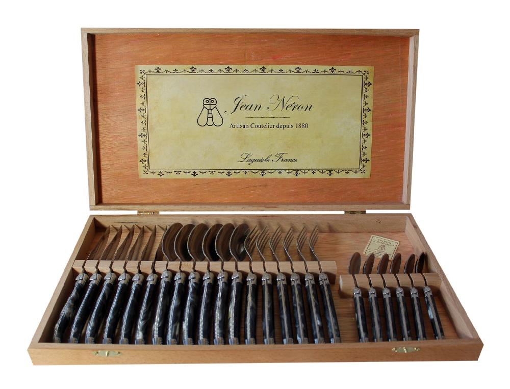be home Laguiole 24 Piece Flatware Set Black Marble in Wood Presentation Box