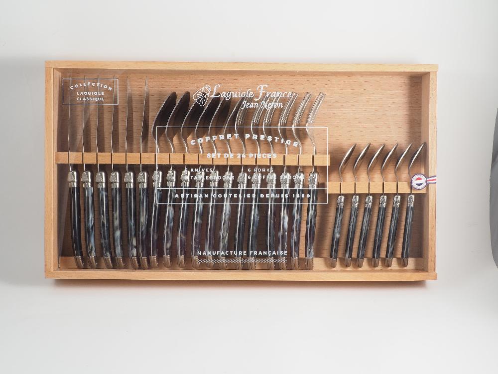 Be Home Laguiole 24 Piece Flatware Set Black Marble In Wood Box With Acrylic Lid