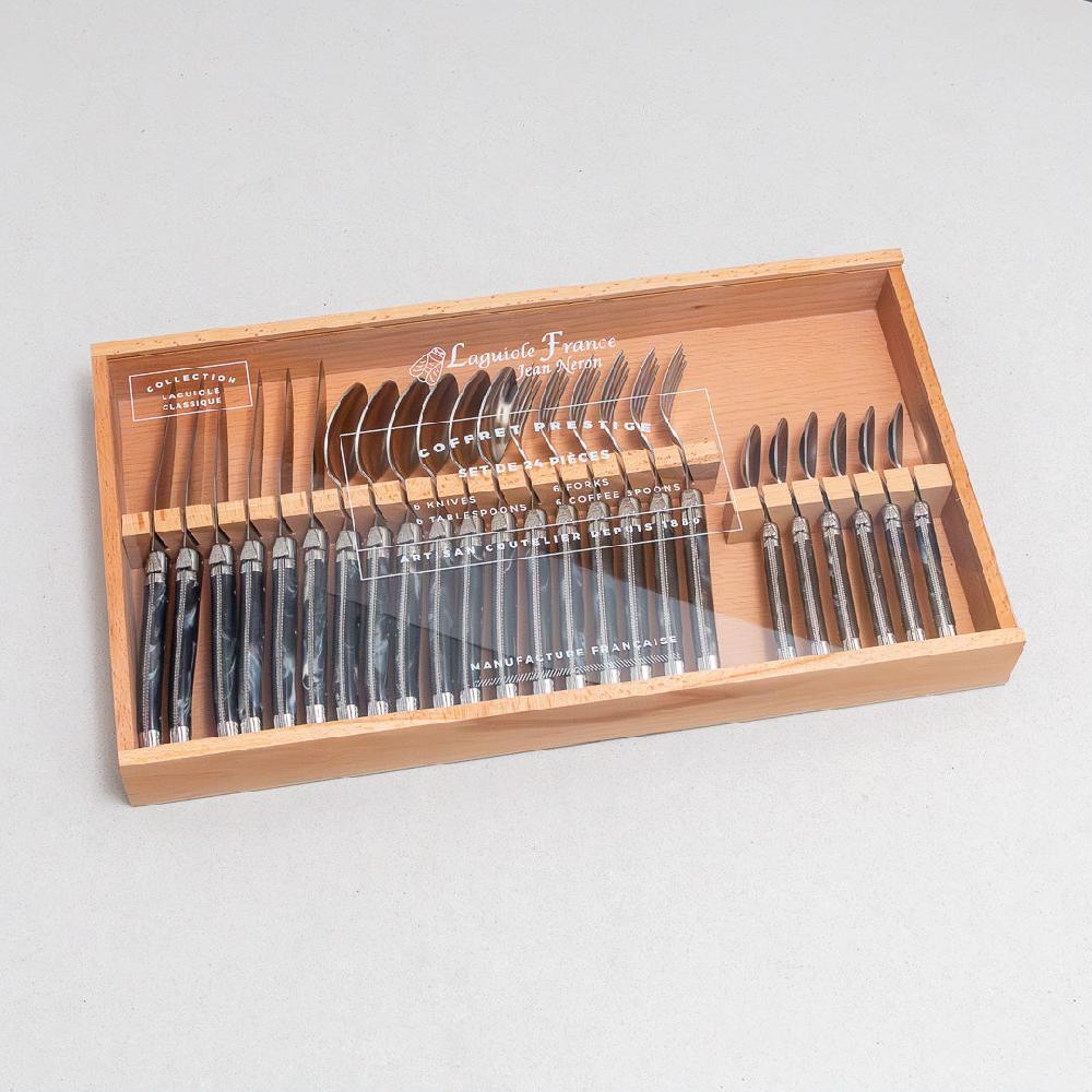 be home Laguiole 24 Piece Flatware Set Black Marble in Wood Box with Acrylic Lid