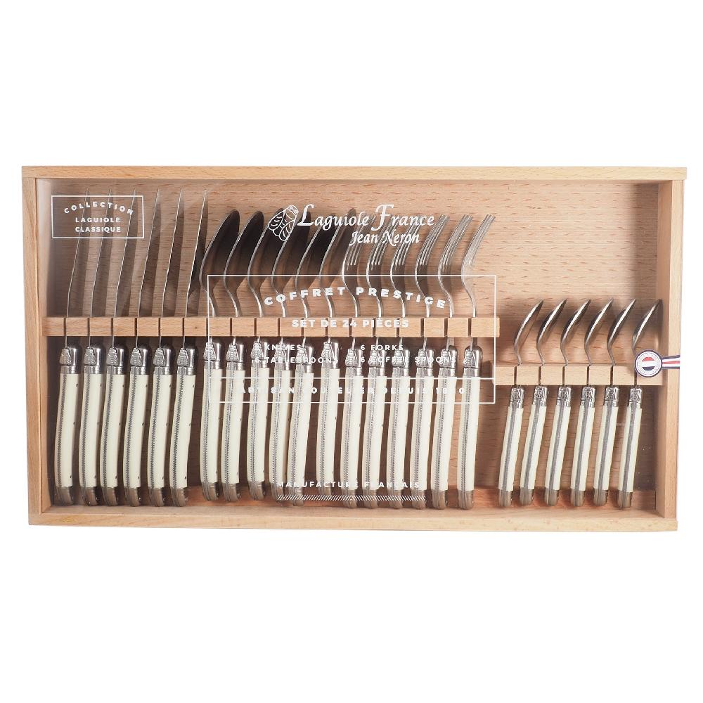 be home Laguiole 24 Piece Flatware Set Ivory in Wood Box with Acrylic Lid