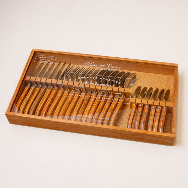 be home Laguiole 24 Piece Flatware Set Olivewood in Wood Box with Acrylic Lid