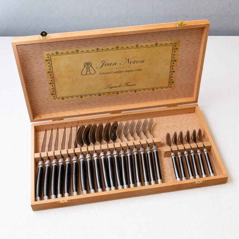 be home Laguiole 24 Piece Flatware Set Platine Black in Wood Presentation Box