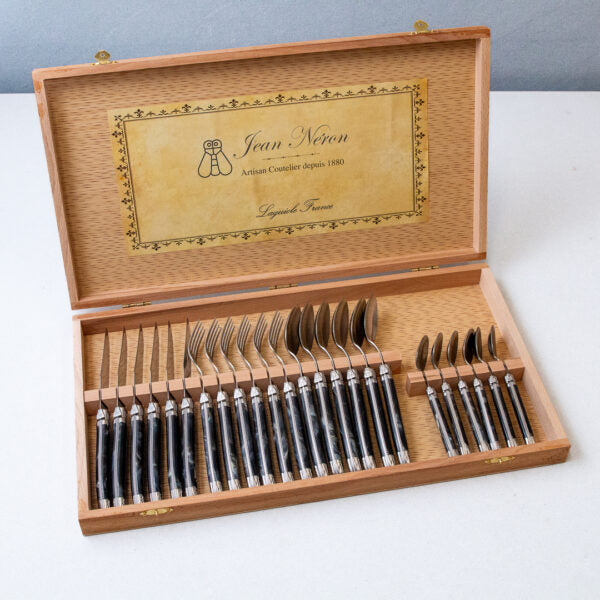 be home Laguiole 24 Piece Flatware Set Platine Black Marble in Wood Presentation Box