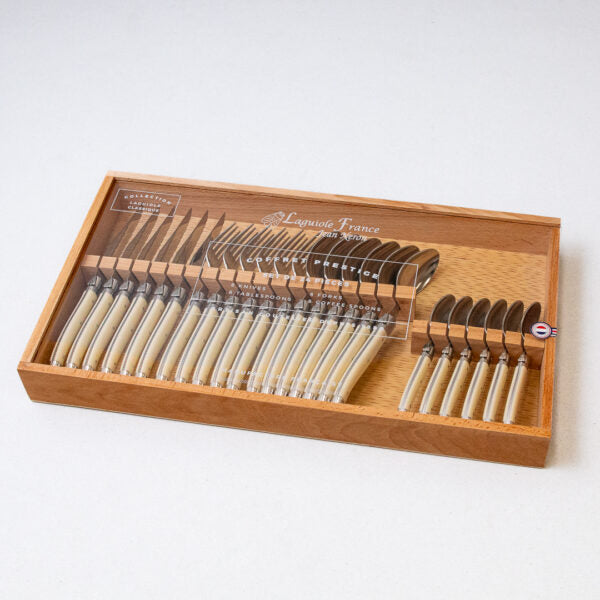 be home Laguiole 24 Piece Flatware Set Platine Ivory in Wood Box with Acrylic Lid