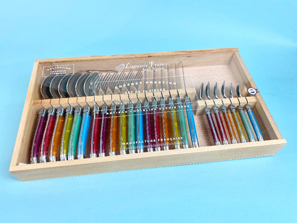Be Home Laguiole 24 Piece Flatware Set Platine Rainbow In Wood Presentation Box