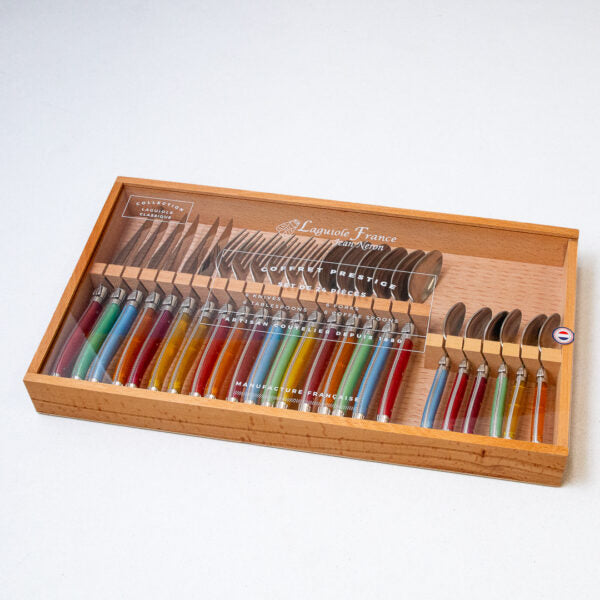 be home Laguiole 24 Piece Flatware Set Rainbow in Wood Box with Acrylic Lid
