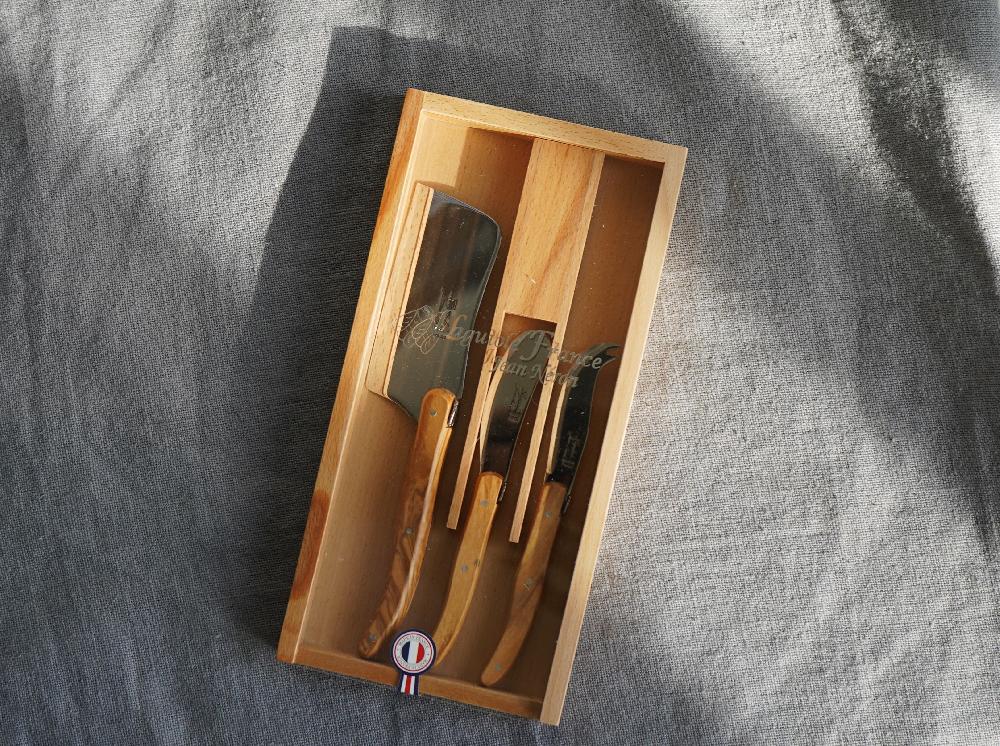 Be Home Laguiole 3 Piece Large Cheese Set Olive Wood In Wood Box With Acrylic Lid